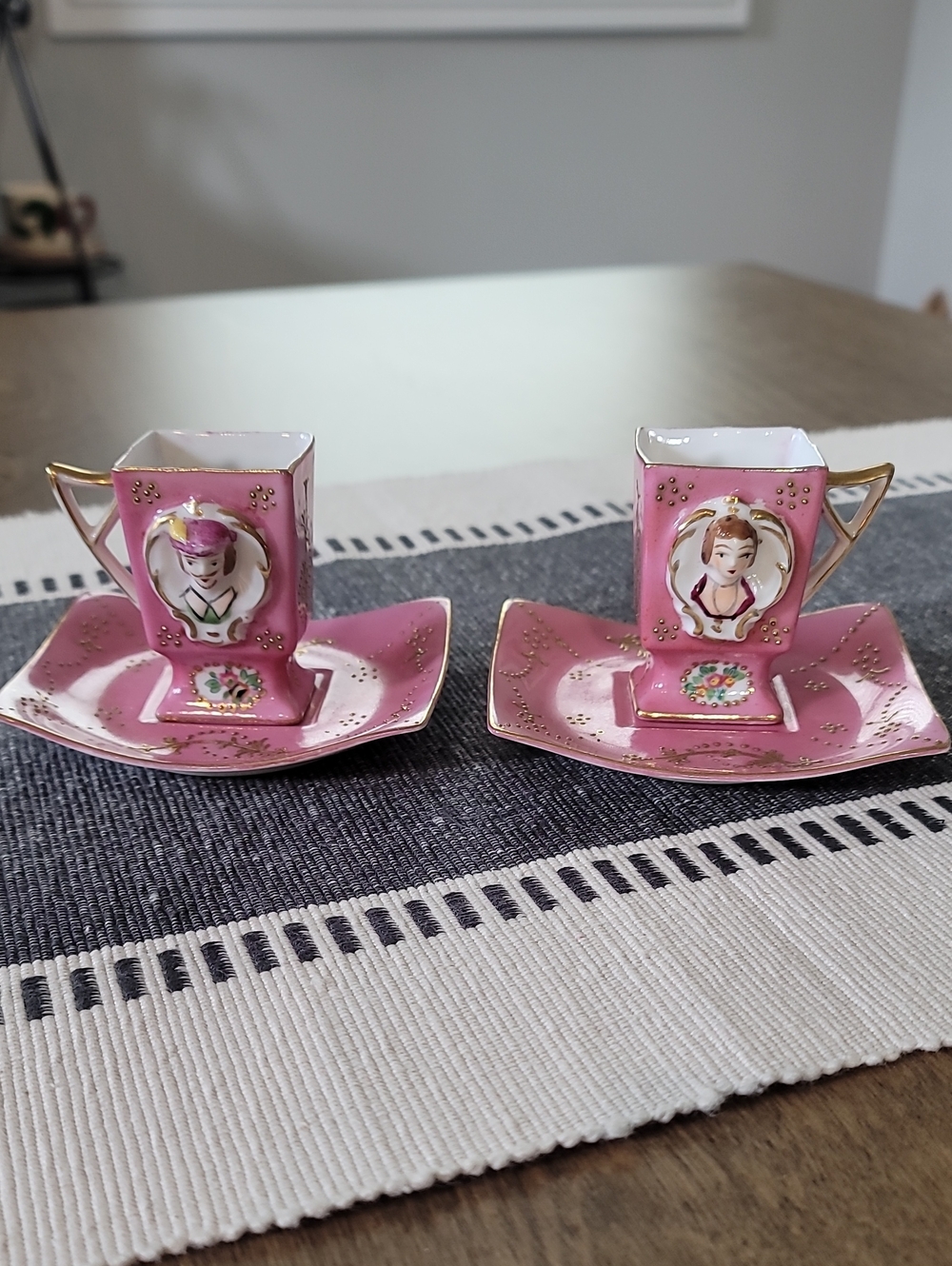 Vintage Hal-Sey Fifth Japan Demitasse Set Lady/Gentleman Portrait Pink Floral